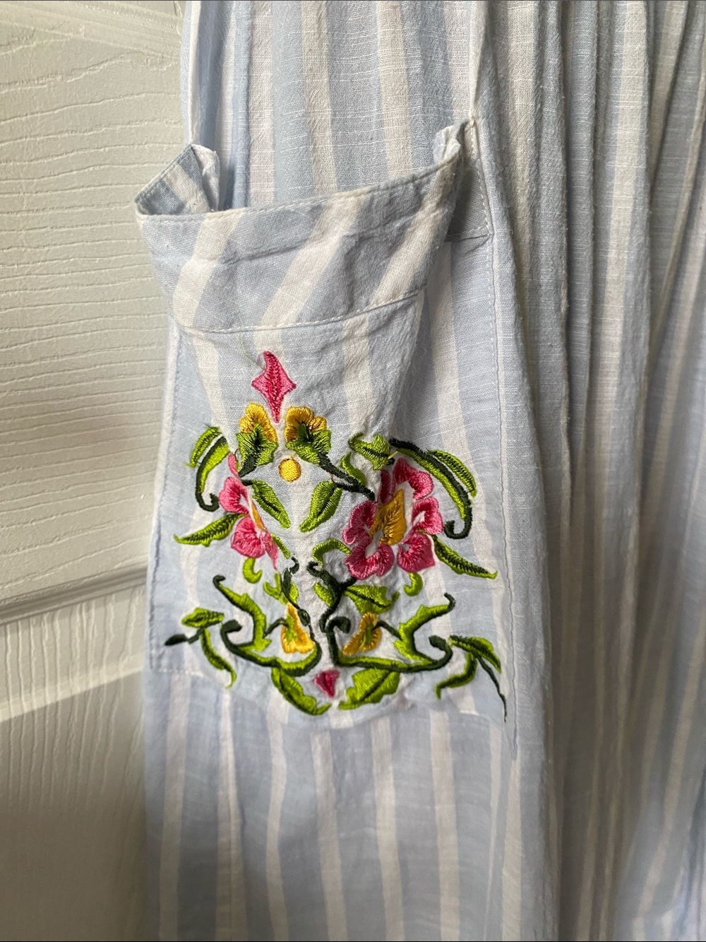 Urban Outfitters Sky Blue Striped Dress with Floral Embroidered Pockets - Picture 7 of 9